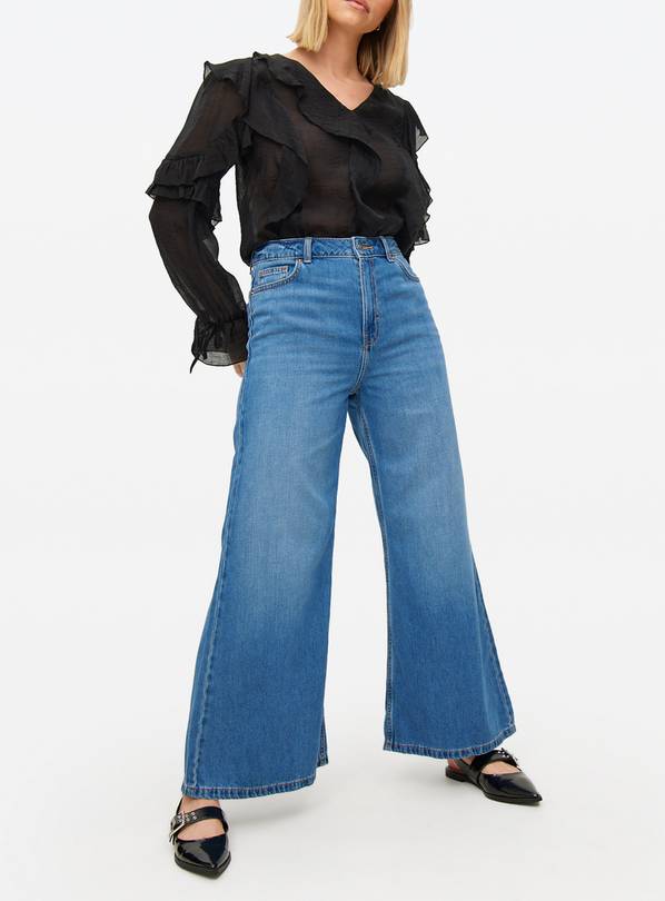 Mid Rinse Flared Palazzo Denim Jeans 10S